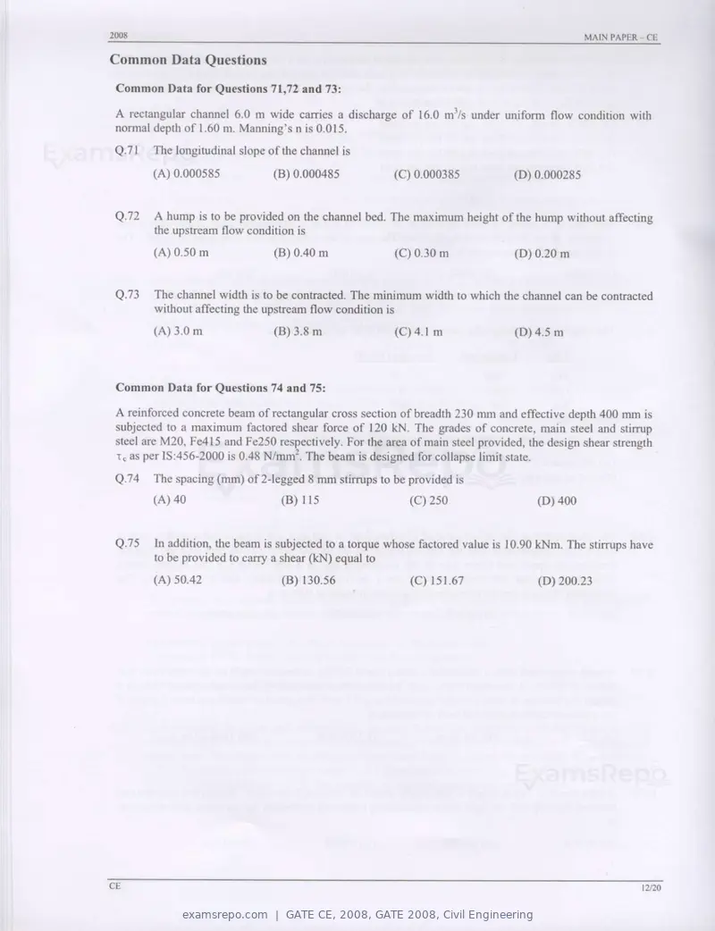 GATE CE 2008 question paper, GATE 2008, Civil Engineering, page 12 of 14