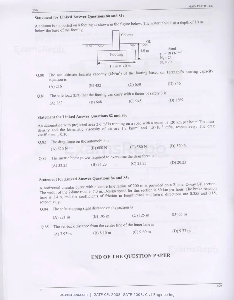 GATE CE 2008 question paper, GATE 2008, Civil Engineering, page 14 of 14