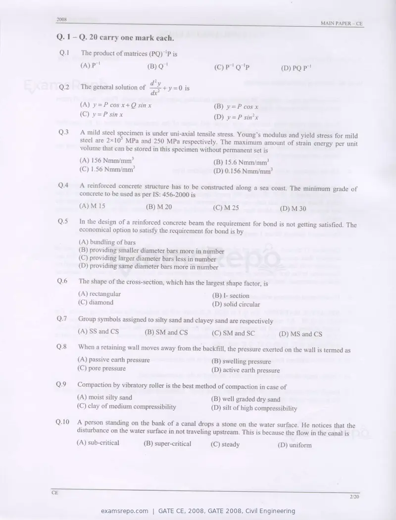 GATE CE 2008 question paper, GATE 2008, Civil Engineering, page 2 of 14
