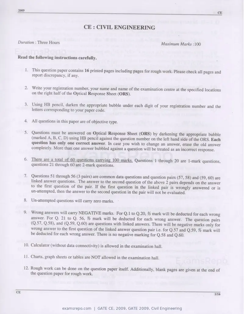 GATE CE 2009 question paper, GATE 2009, Civil Engineering, page 1 of 13