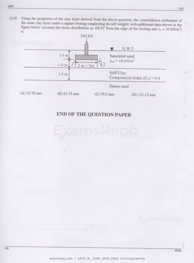 GATE CE 2009 question paper, GATE 2009, Civil Engineering, page 13 of 13