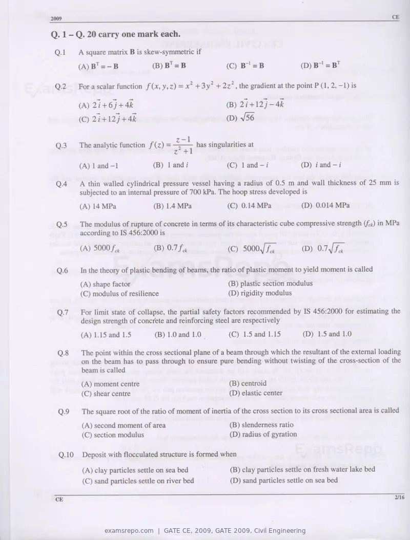 GATE CE 2009 question paper, GATE 2009, Civil Engineering, page 2 of 13