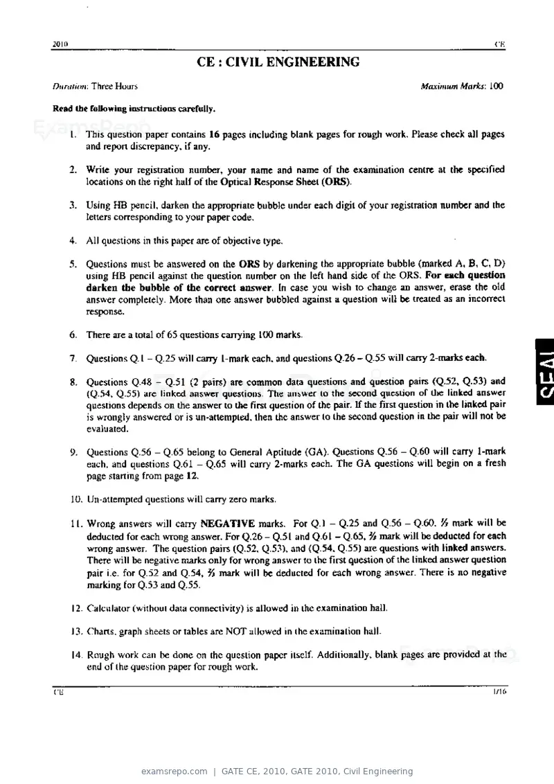 GATE CE 2010 question paper, GATE 2010, Civil Engineering, page 1 of 16