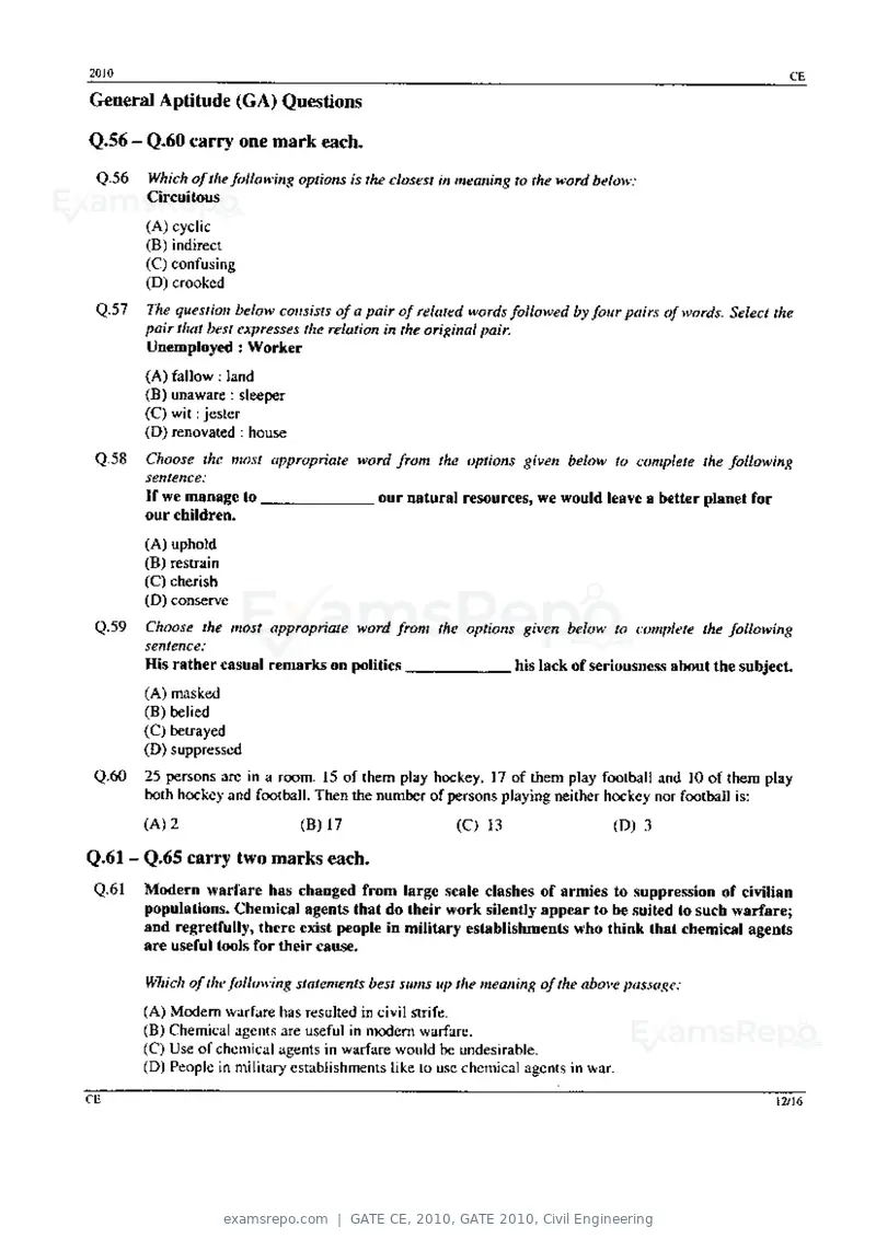GATE CE 2010 question paper, GATE 2010, Civil Engineering, page 12 of 16