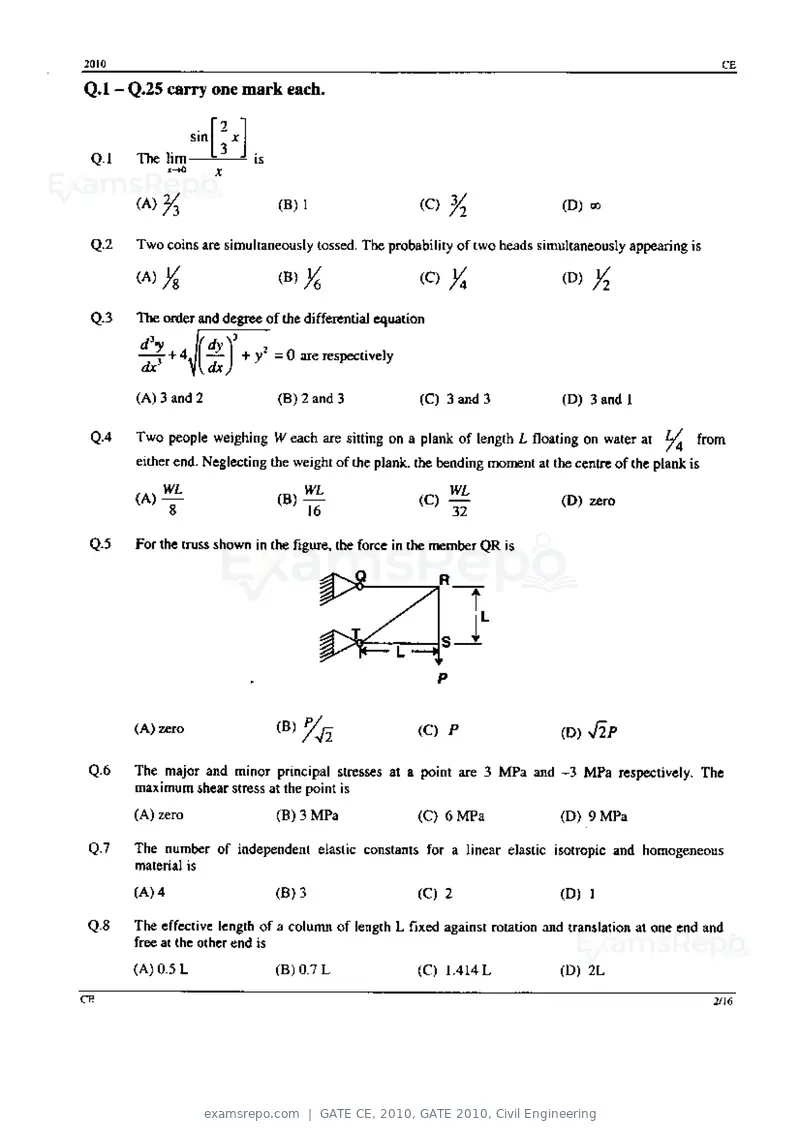 GATE CE 2010 question paper, GATE 2010, Civil Engineering, page 2 of 16