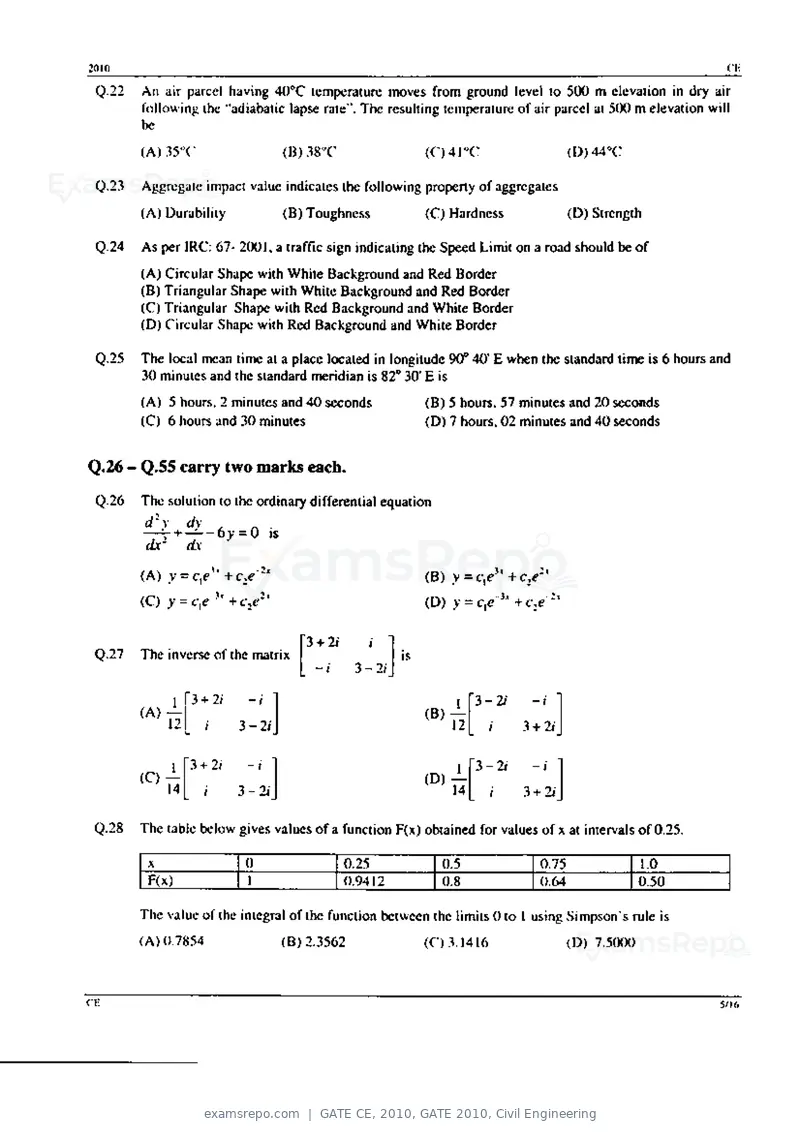 GATE CE 2010 question paper, GATE 2010, Civil Engineering, page 5 of 16