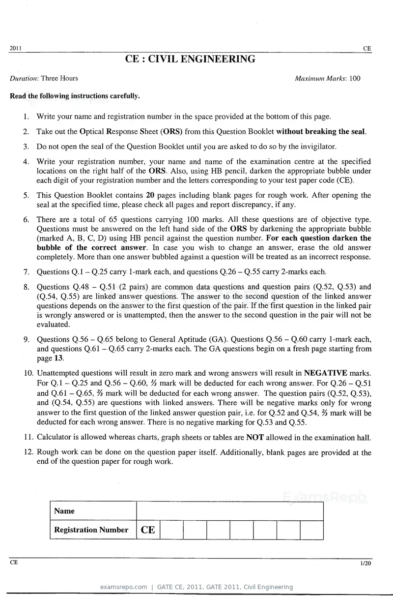 GATE CE 2011 question paper, GATE 2011, Civil Engineering, page 1 of 14