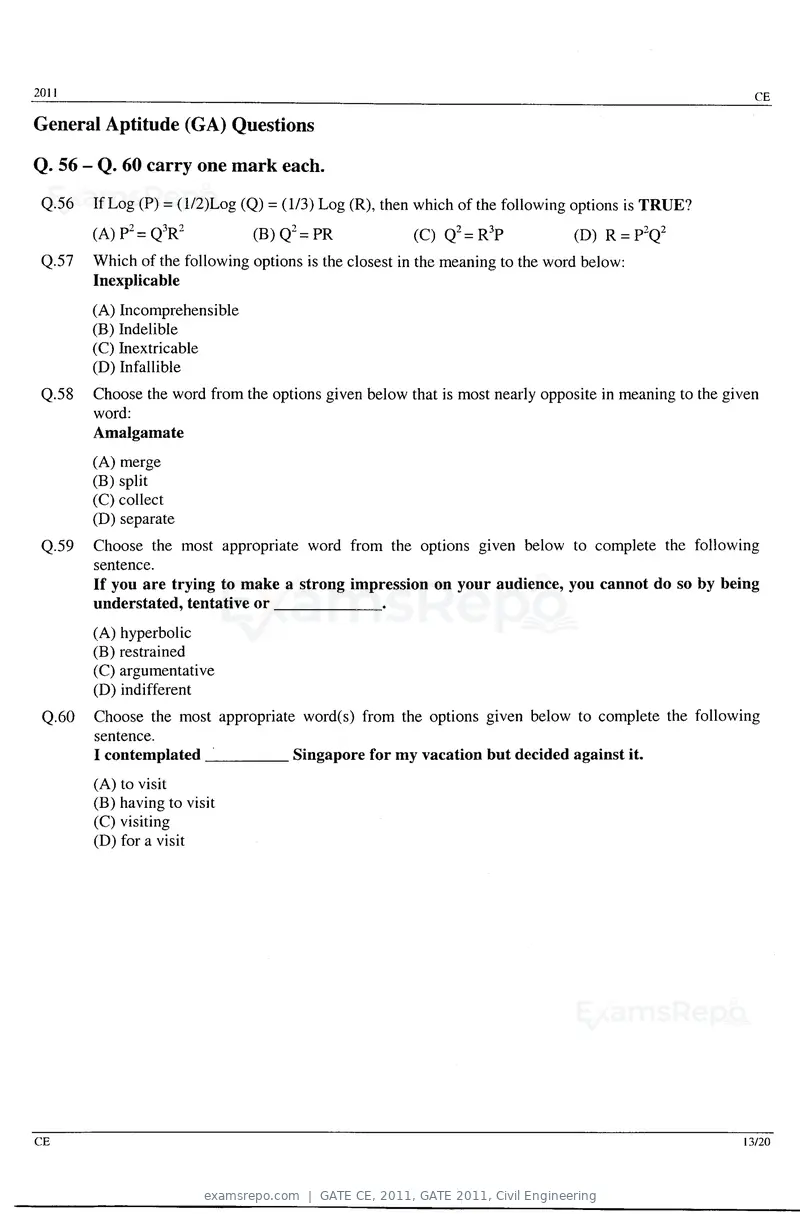 GATE CE 2011 question paper, GATE 2011, Civil Engineering, page 13 of 14