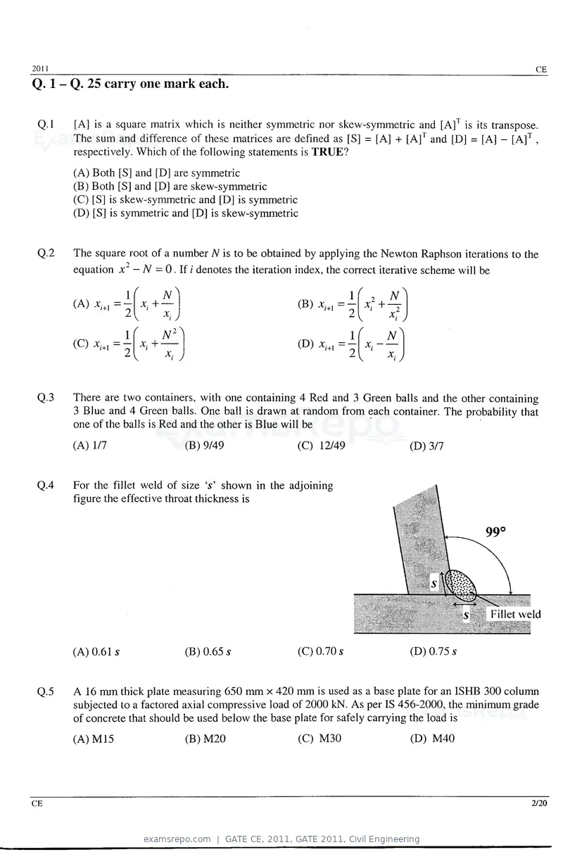 GATE CE 2011 question paper, GATE 2011, Civil Engineering, page 2 of 14