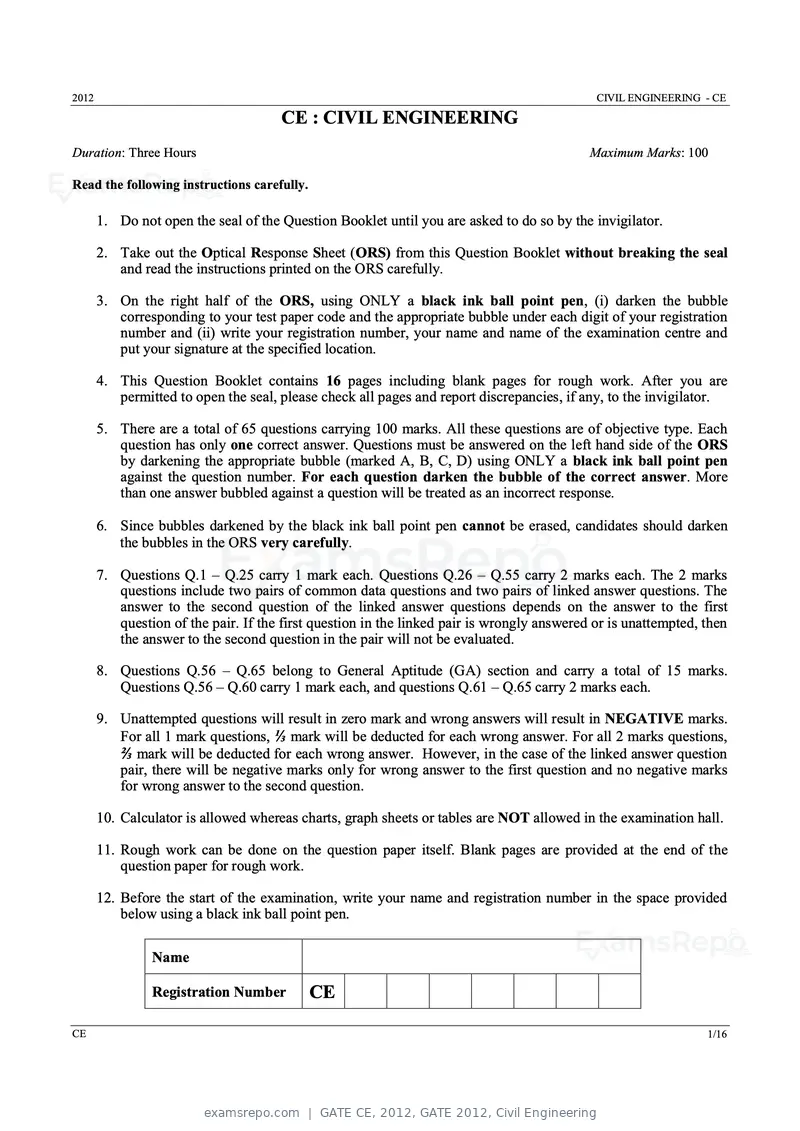 GATE CE 2012 question paper, GATE 2012, Civil Engineering, page 1 of 13