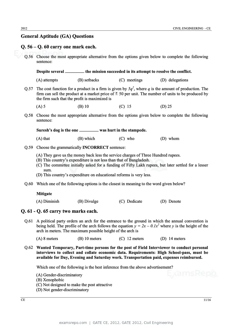 GATE CE 2012 question paper, GATE 2012, Civil Engineering, page 11 of 13