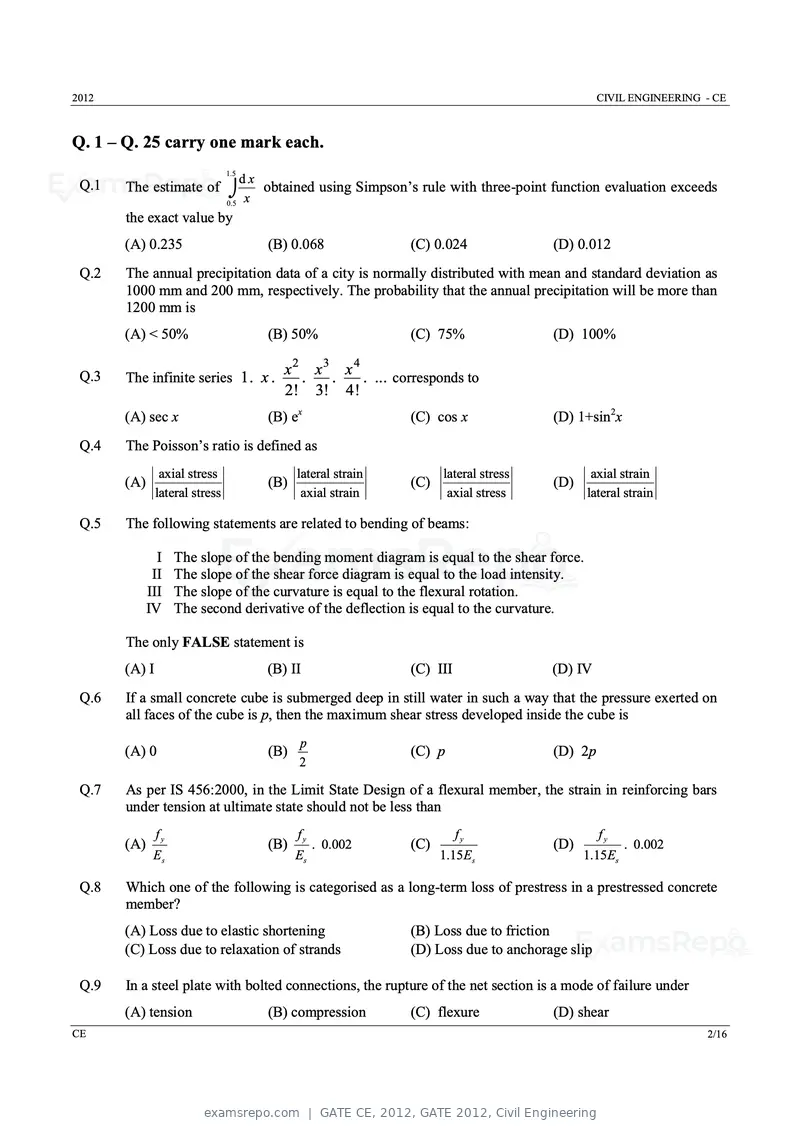 GATE CE 2012 question paper, GATE 2012, Civil Engineering, page 2 of 13