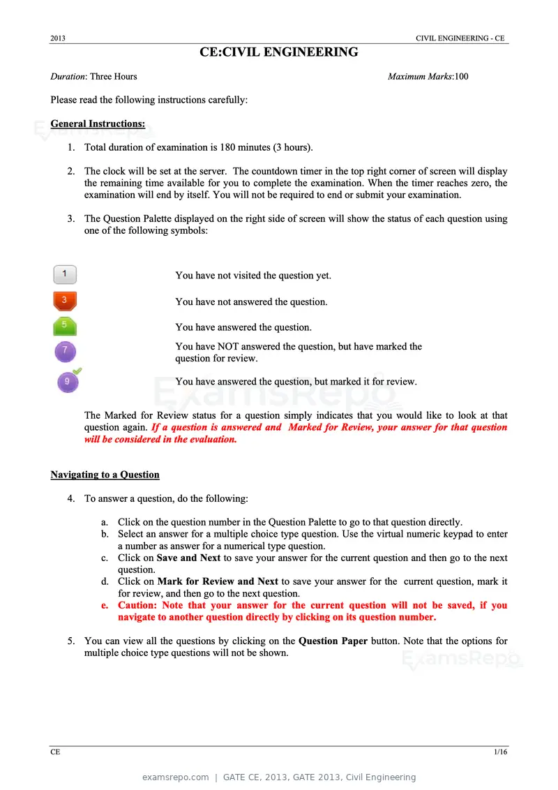GATE CE 2013 question paper, GATE 2013, Civil Engineering, page 1 of 16