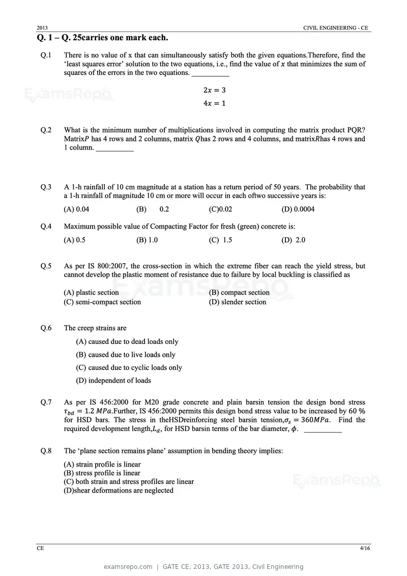 GATE CE 2013 question paper, GATE 2013, Civil Engineering, page 4 of 16