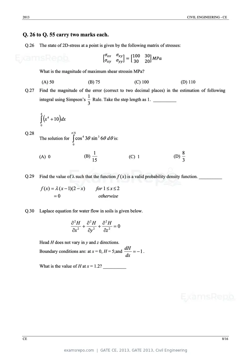 GATE CE 2013 question paper, GATE 2013, Civil Engineering, page 8 of 16