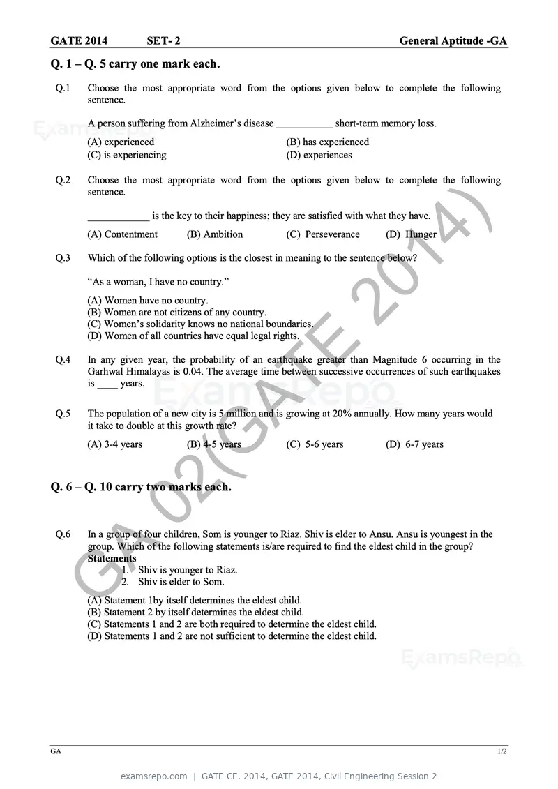 GATE CE 2014 question paper, GATE 2014, Civil Engineering Session 2, page 27 of 40