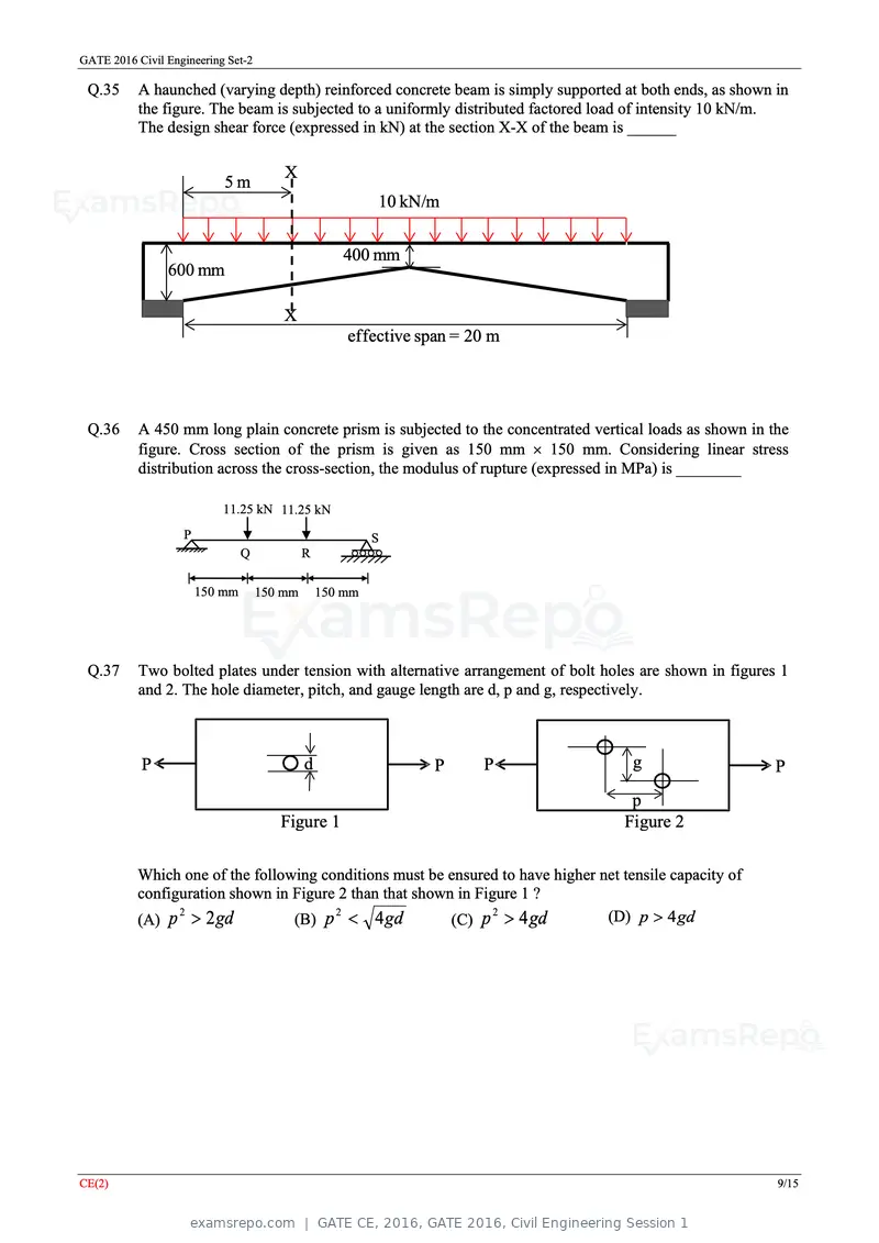 GATE CE 2016 question paper, GATE 2016, Civil Engineering Session 1, page 31 of 39