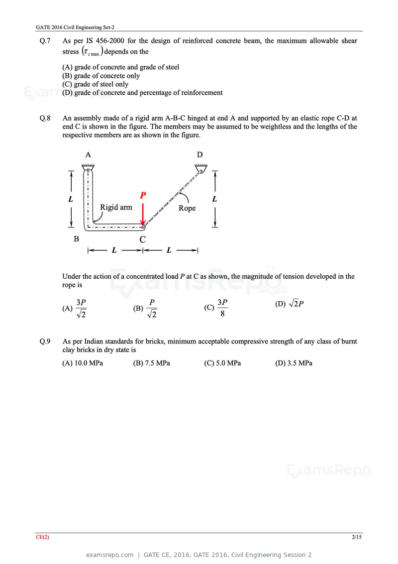 GATE CE 2016 question paper, GATE 2016, Civil Engineering Session 2, page 24 of 39