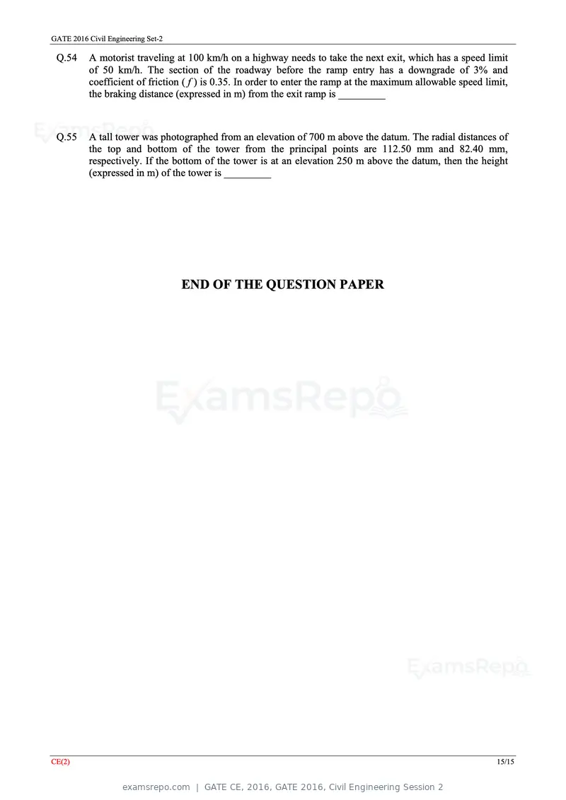 GATE CE 2016 question paper, GATE 2016, Civil Engineering Session 2, page 37 of 39