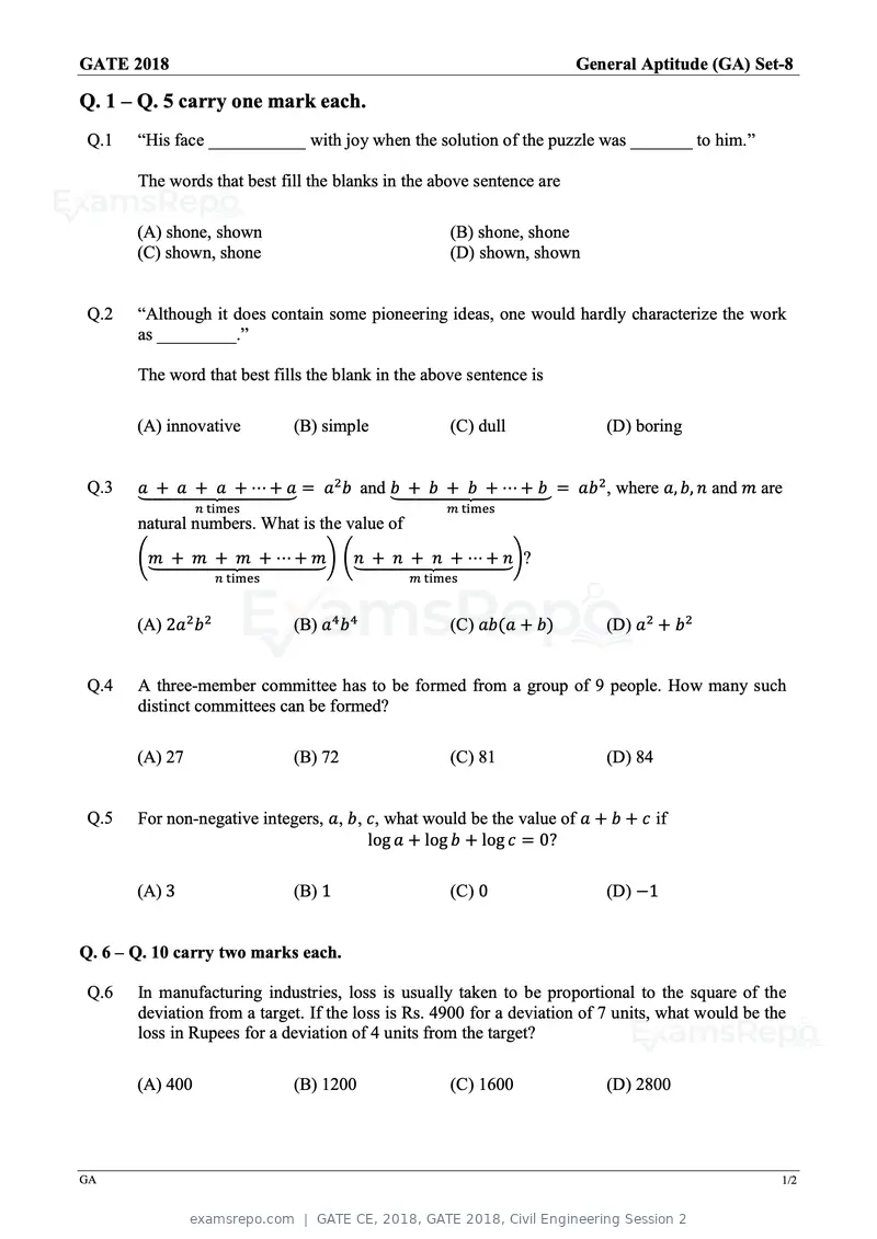 GATE CE 2018 question paper, GATE 2018, Civil Engineering Session 2, page 1 of 18