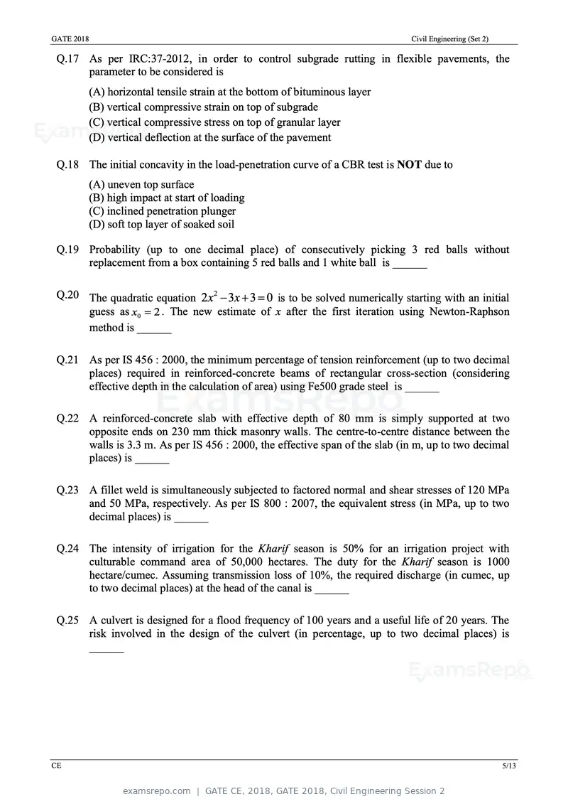 GATE CE 2018 question paper, GATE 2018, Civil Engineering Session 2, page 7 of 18