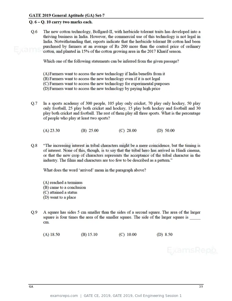 GATE CE 2019 question paper, GATE 2019, Civil Engineering Session 1, page 3 of 49