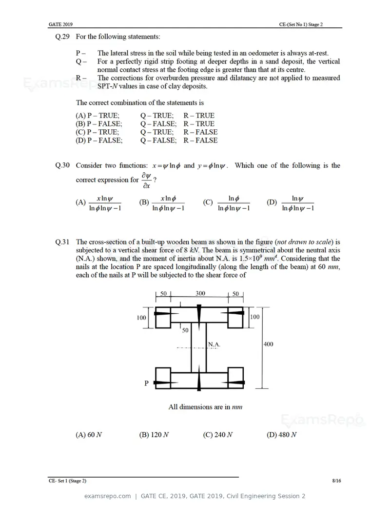 GATE CE 2019 question paper, GATE 2019, Civil Engineering Session 2, page 12 of 49
