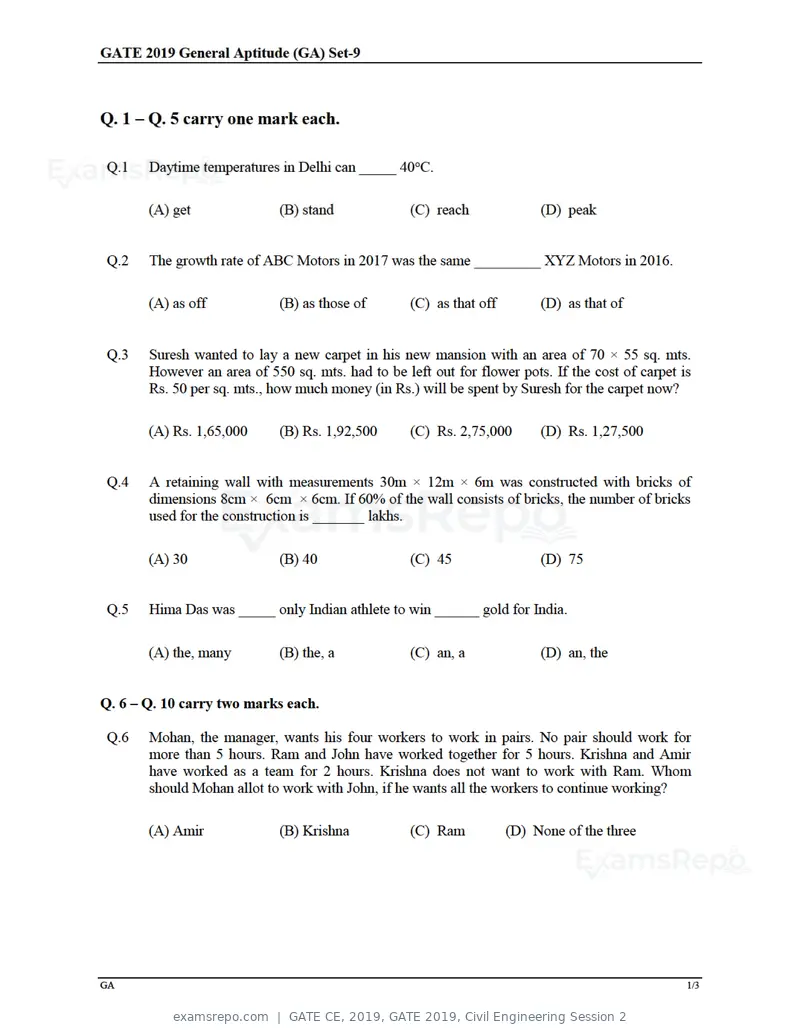 GATE CE 2019 question paper, GATE 2019, Civil Engineering Session 2, page 28 of 49