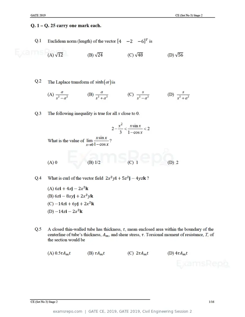 GATE CE 2019 question paper, GATE 2019, Civil Engineering Session 2, page 31 of 49