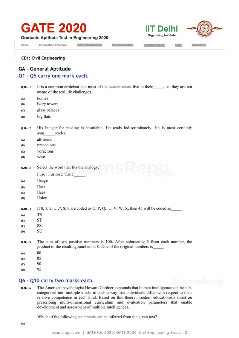 GATE CE 2020 question paper, GATE 2020, Civil Engineering Session 2, page 2 of 40