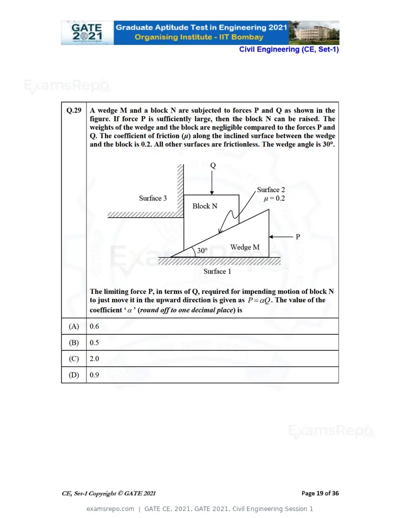 GATE CE 2021 question paper, GATE 2021, Civil Engineering Session 1, page 20 of 77