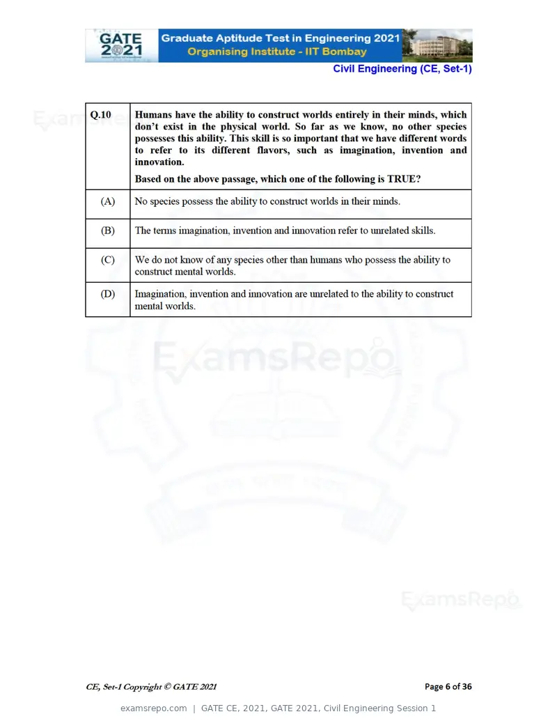 GATE CE 2021 question paper, GATE 2021, Civil Engineering Session 1, page 7 of 77