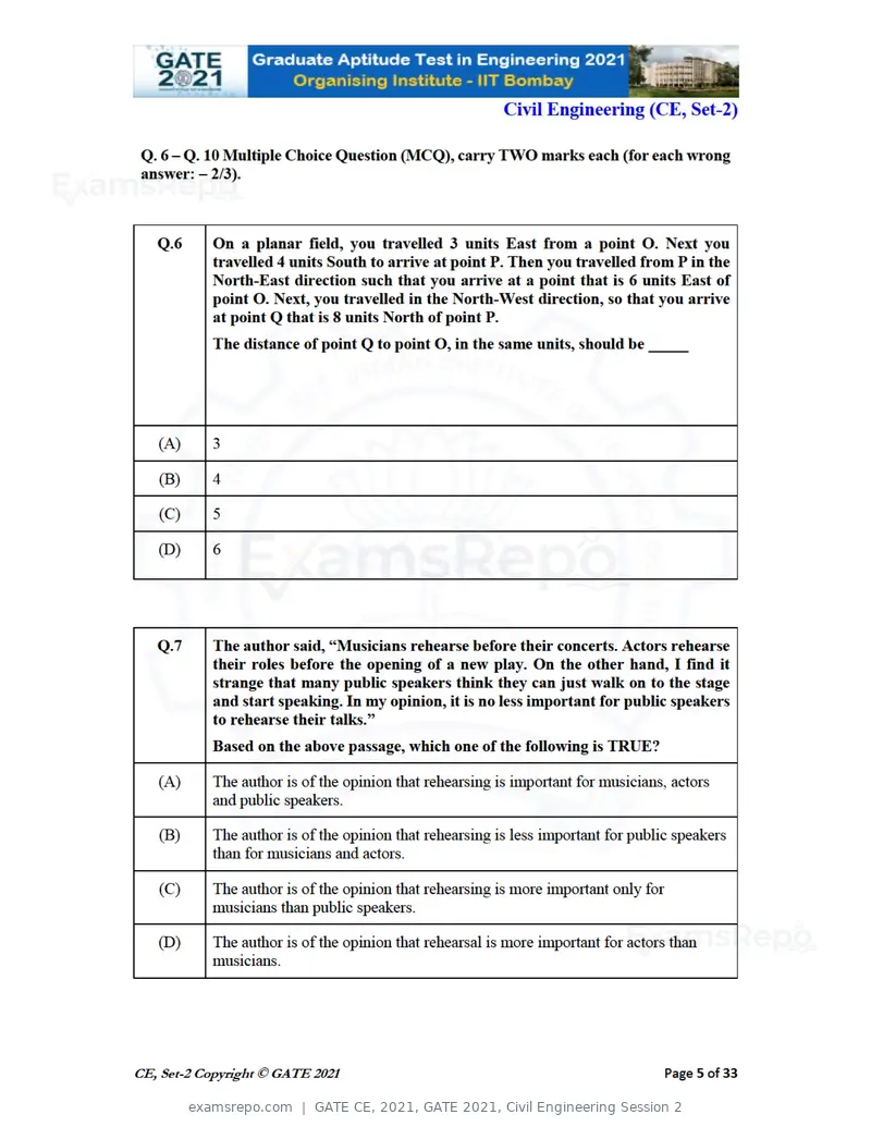 GATE CE 2021 question paper, GATE 2021, Civil Engineering Session 2, page 46 of 77