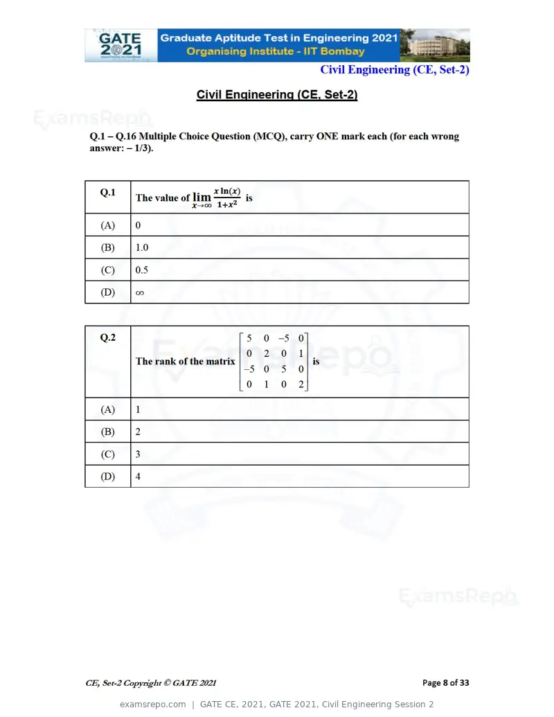GATE CE 2021 question paper, GATE 2021, Civil Engineering Session 2, page 49 of 77