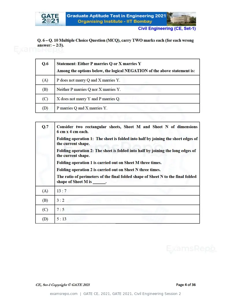 GATE CE 2021 question paper, GATE 2021, Civil Engineering Session 2, page 5 of 77