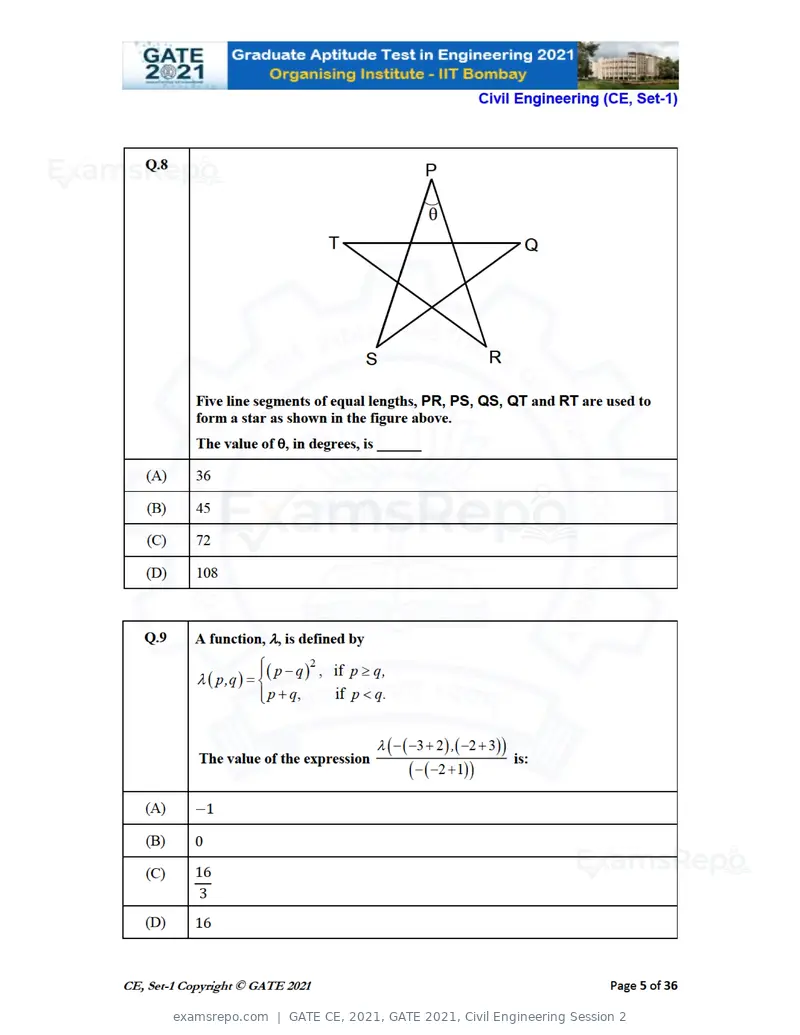 GATE CE 2021 question paper, GATE 2021, Civil Engineering Session 2, page 6 of 77