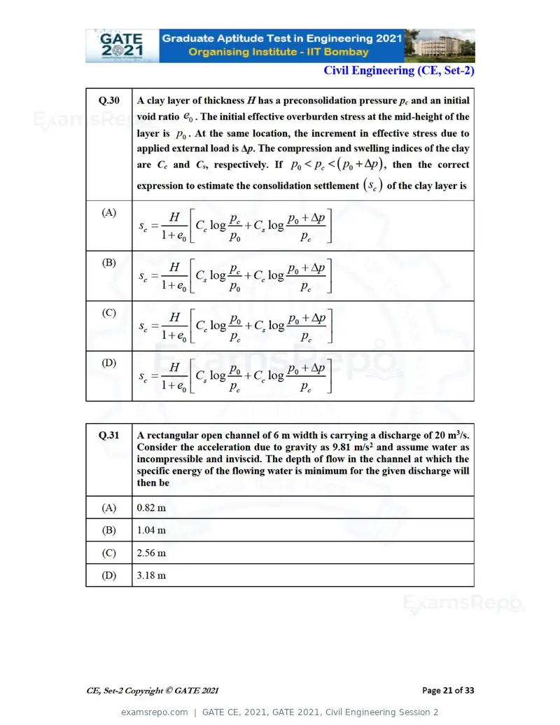 GATE CE 2021 question paper, GATE 2021, Civil Engineering Session 2, page 62 of 77
