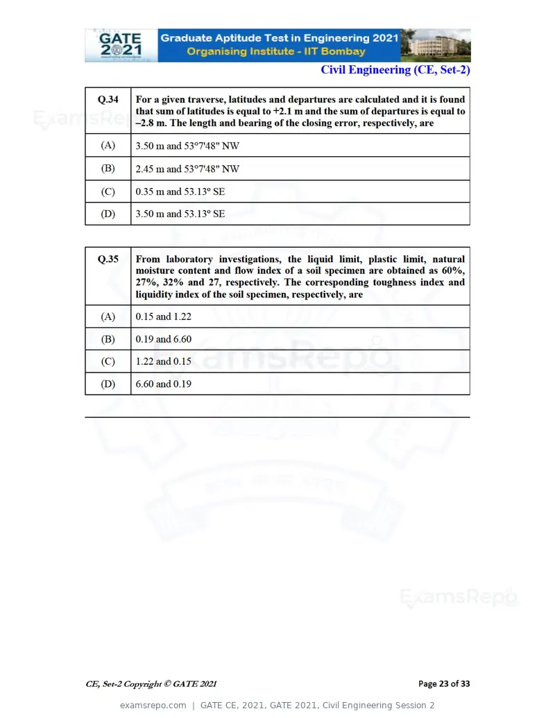 GATE CE 2021 question paper, GATE 2021, Civil Engineering Session 2, page 64 of 77