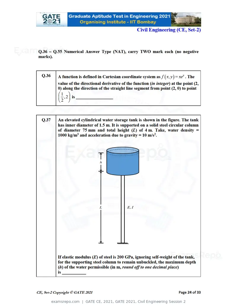 GATE CE 2021 question paper, GATE 2021, Civil Engineering Session 2, page 65 of 77