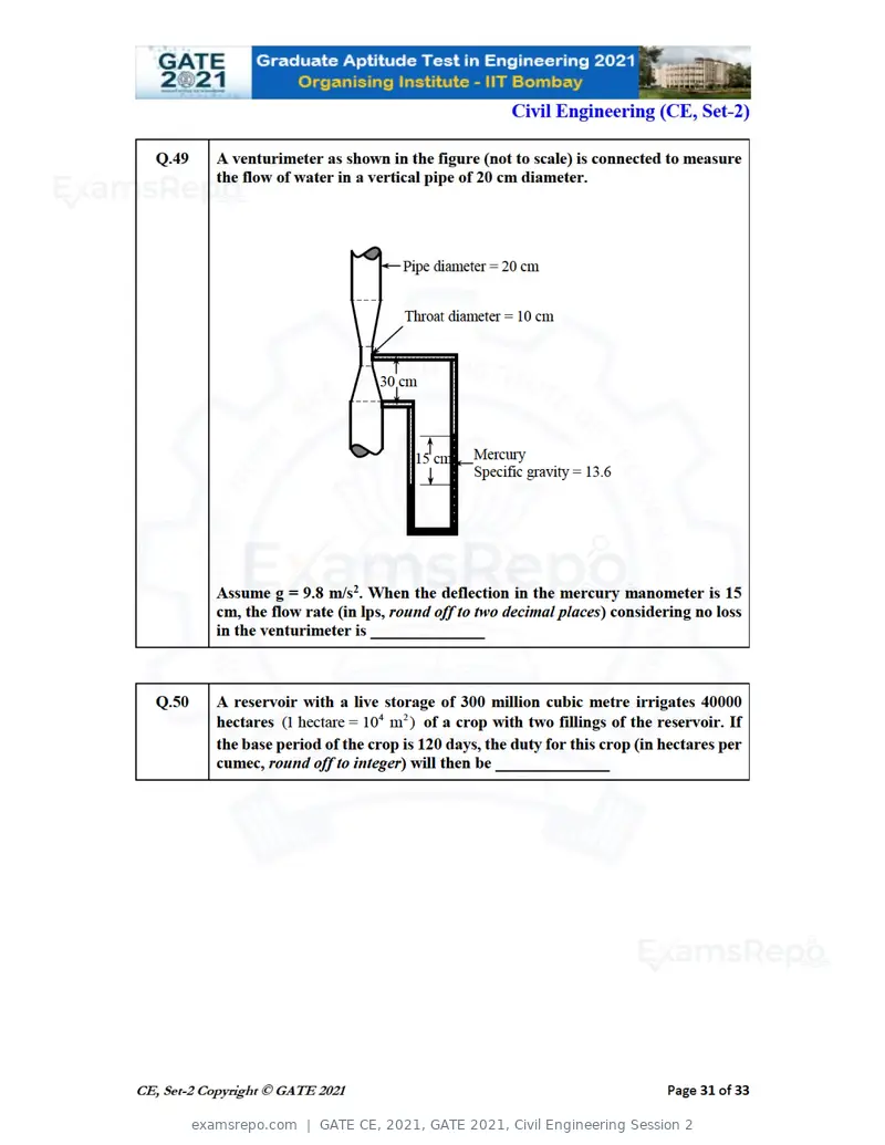 GATE CE 2021 question paper, GATE 2021, Civil Engineering Session 2, page 72 of 77