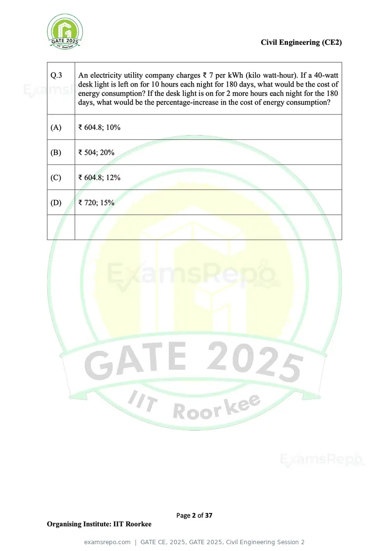 GATE CE 2025 question paper, GATE 2025, Civil Engineering Session 2, page 2 of 37