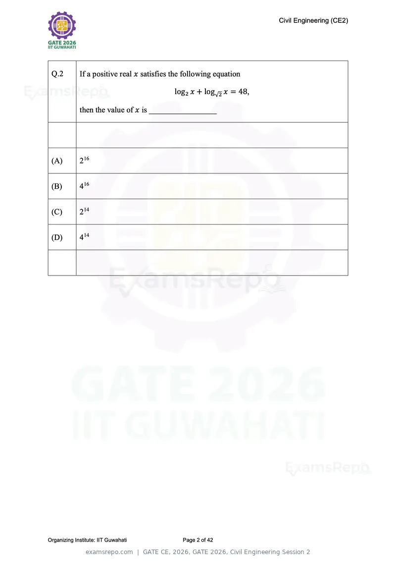 GATE CE 2026 question paper, GATE 2026, Civil Engineering Session 2, page 2 of 42