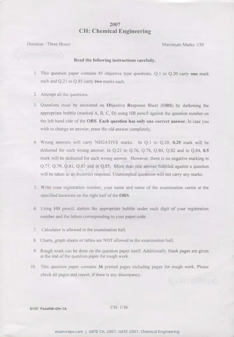 GATE CH 2007 question paper, GATE 2007, Chemical Engineering, page 1 of 31