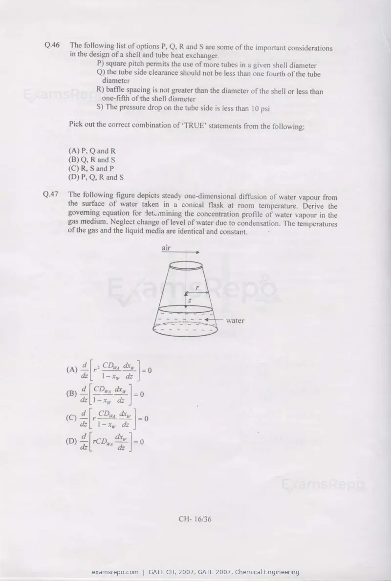 GATE CH 2007 question paper, GATE 2007, Chemical Engineering, page 16 of 31