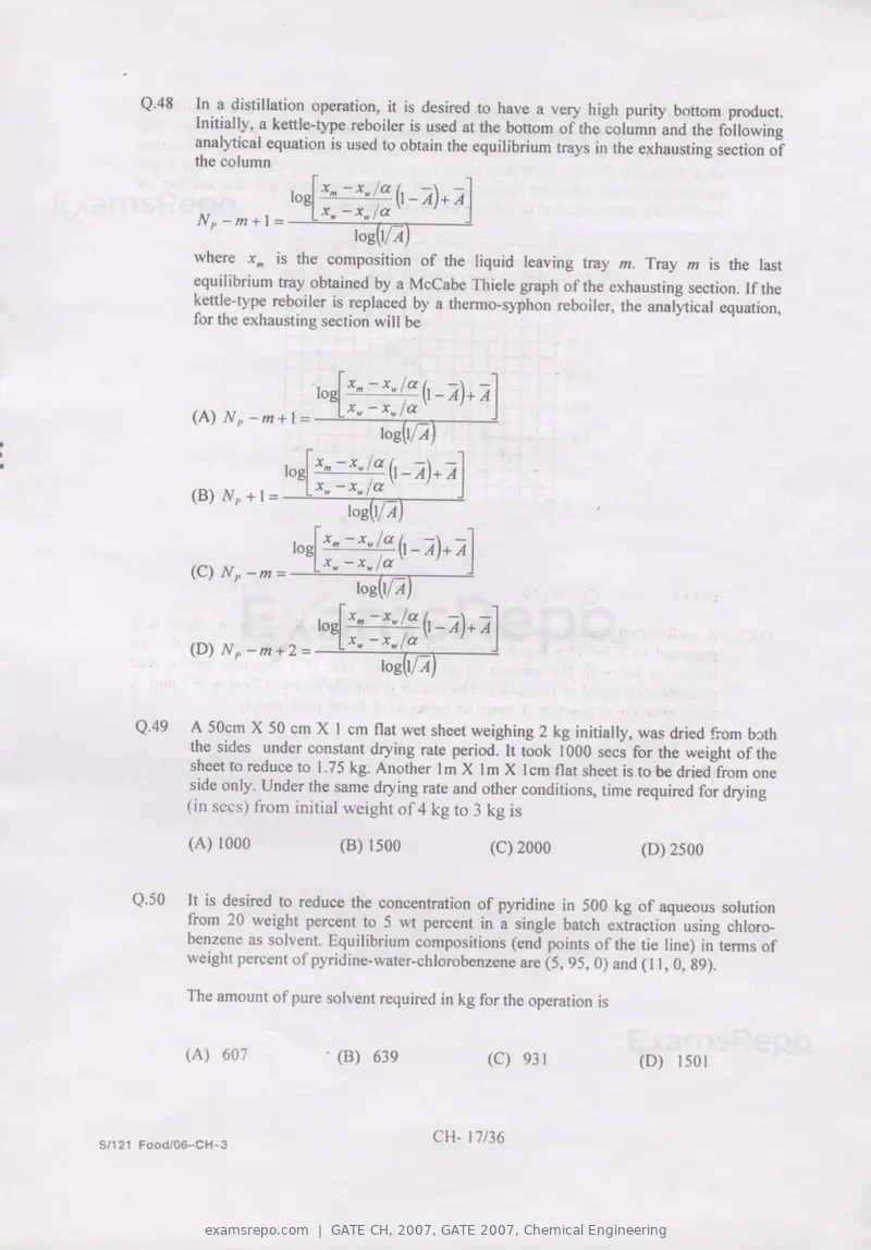 GATE CH 2007 question paper, GATE 2007, Chemical Engineering, page 17 of 31