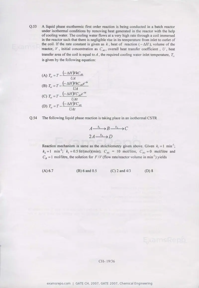 GATE CH 2007 question paper, GATE 2007, Chemical Engineering, page 19 of 31