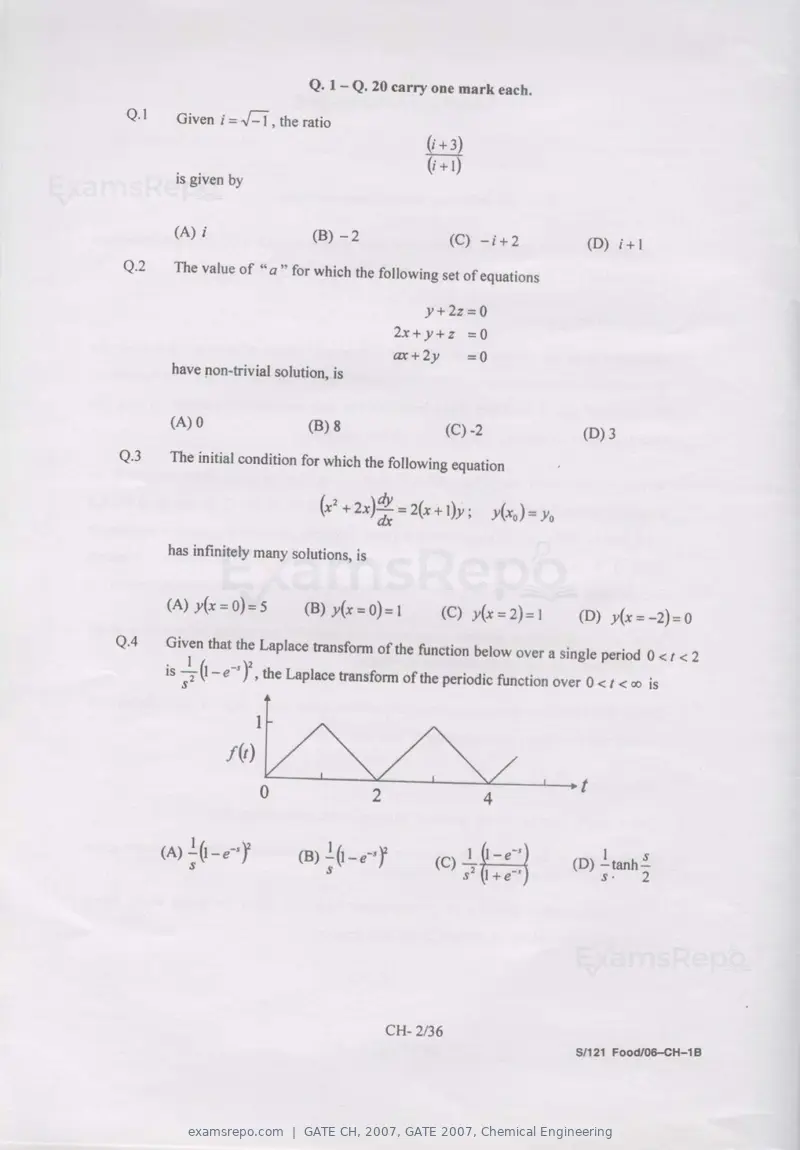 GATE CH 2007 question paper, GATE 2007, Chemical Engineering, page 2 of 31