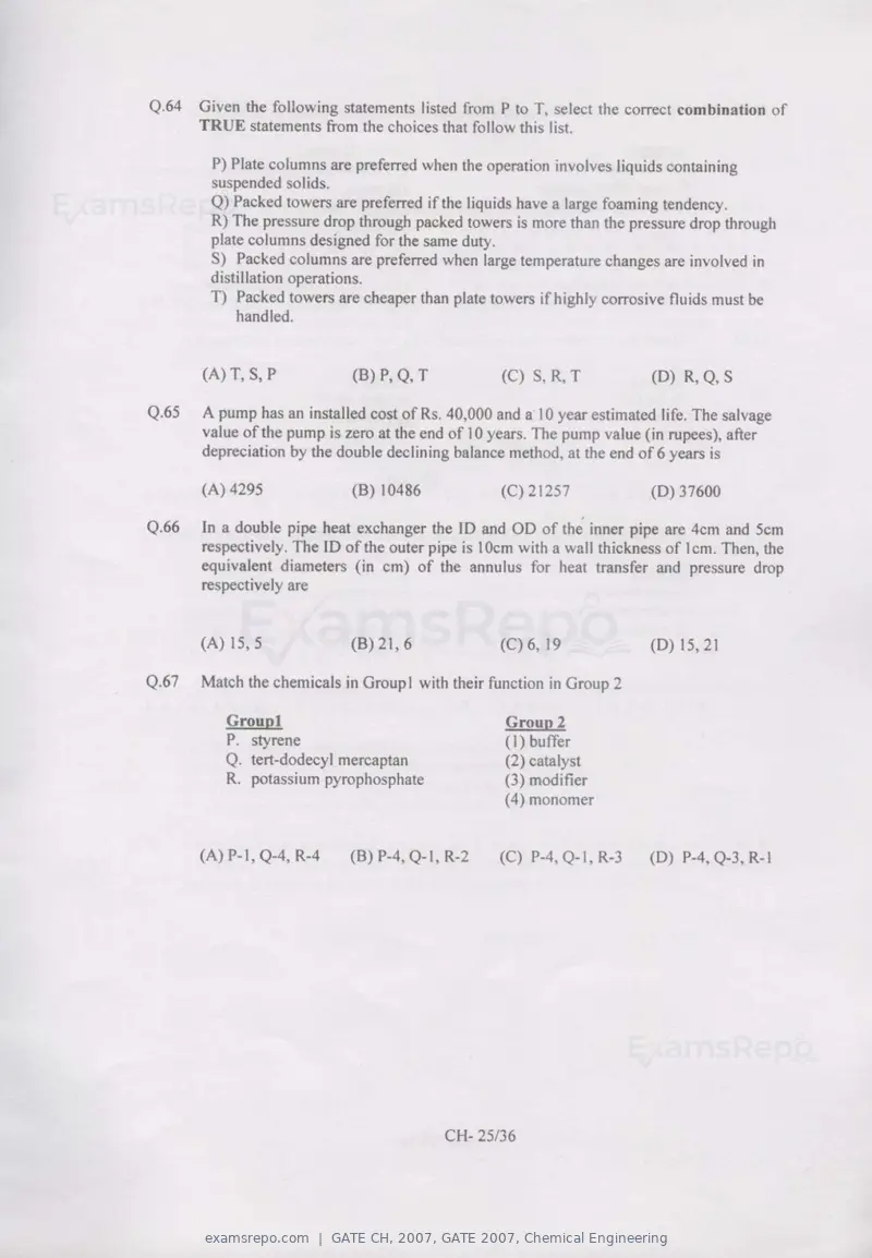GATE CH 2007 question paper, GATE 2007, Chemical Engineering, page 25 of 31