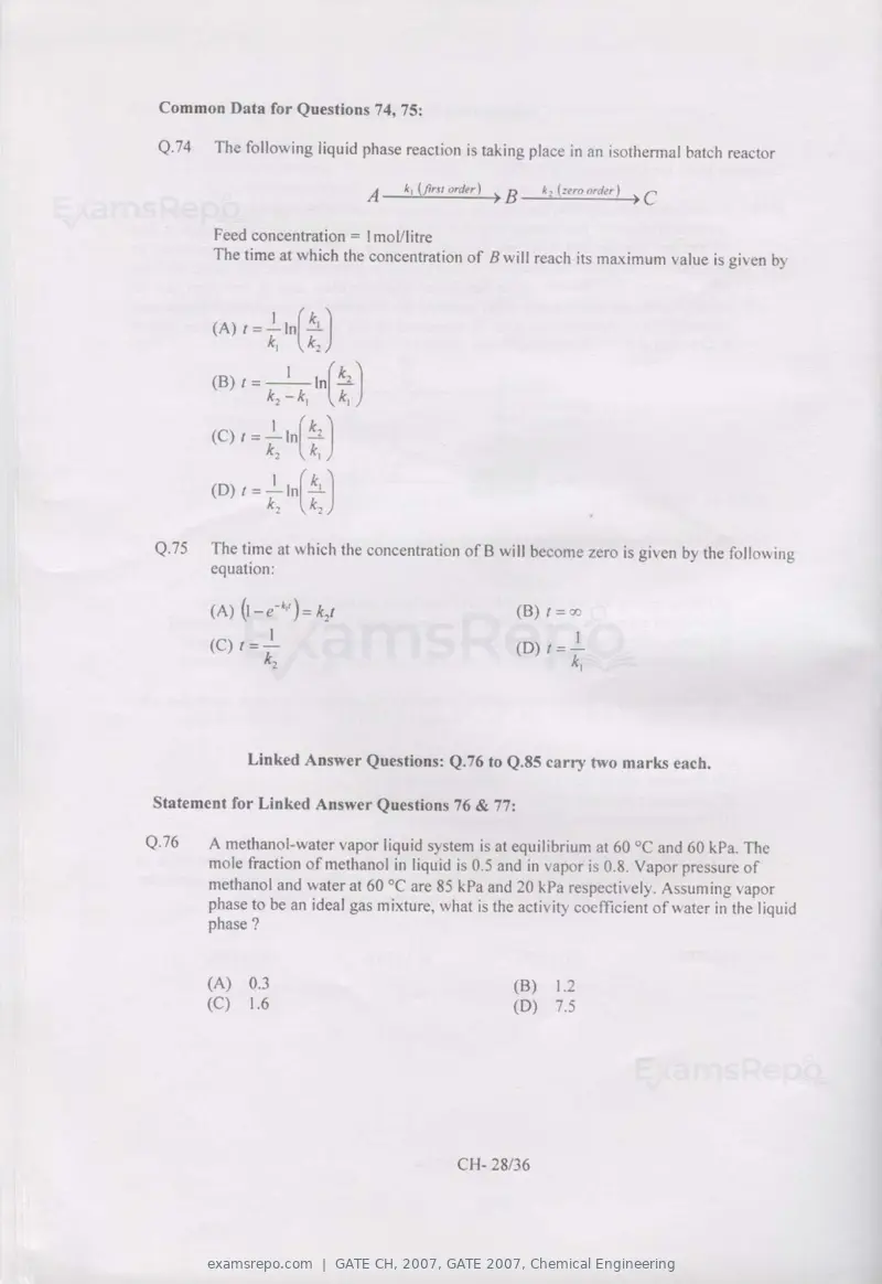 GATE CH 2007 question paper, GATE 2007, Chemical Engineering, page 28 of 31