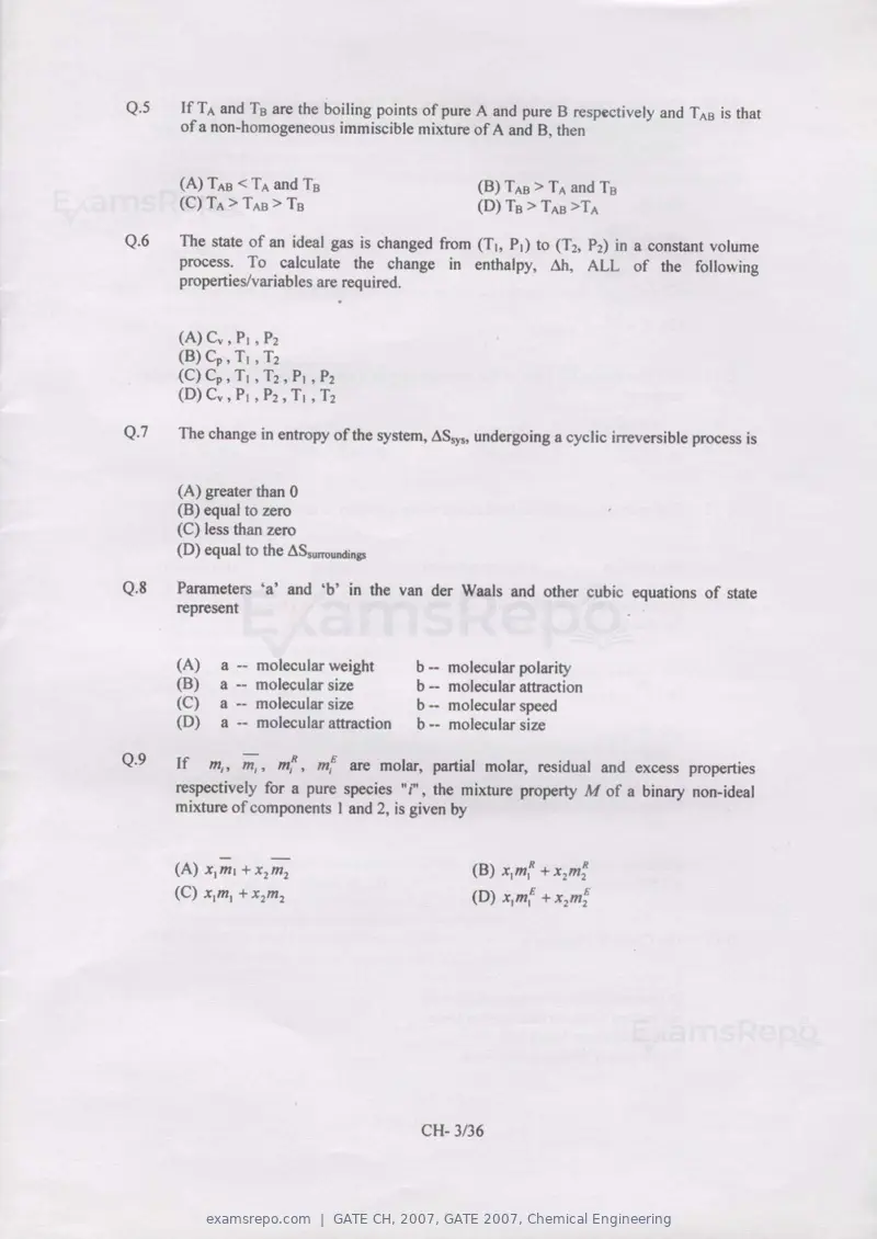 GATE CH 2007 question paper, GATE 2007, Chemical Engineering, page 3 of 31